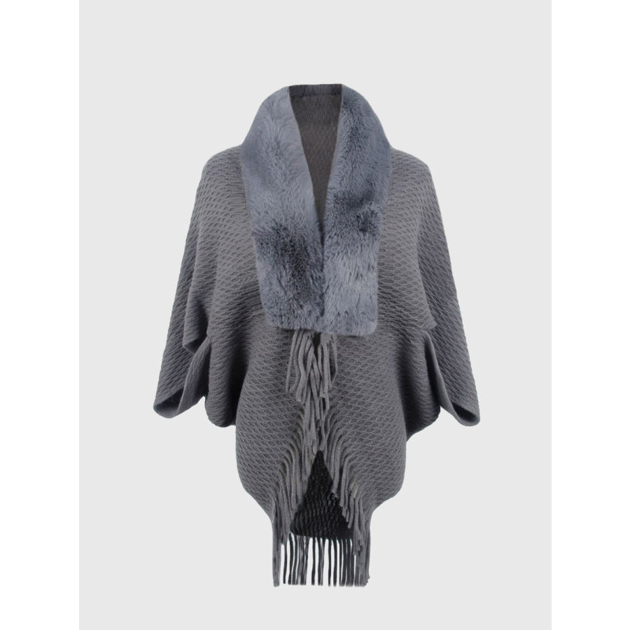 Open Front Fringe Hem Poncho Charcoal / One Size
