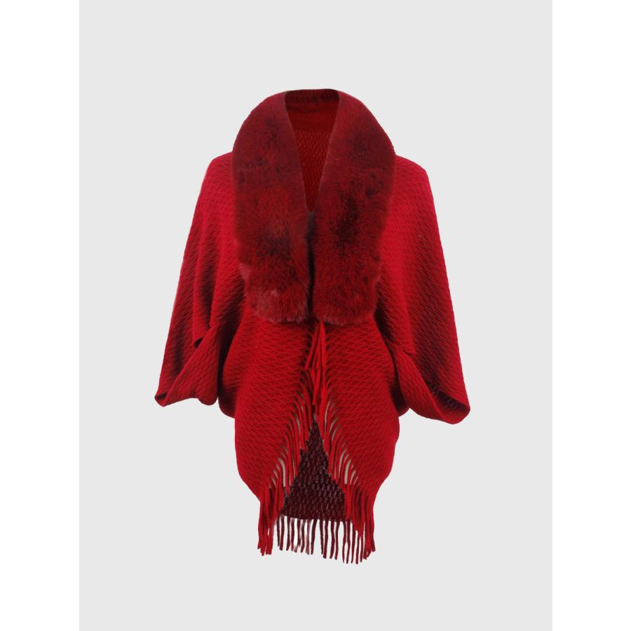 Open Front Fringe Hem Poncho Deep Red / One Size