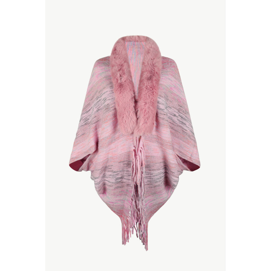 Open Front Fringe Hem Poncho Dusty Pink / One Size
