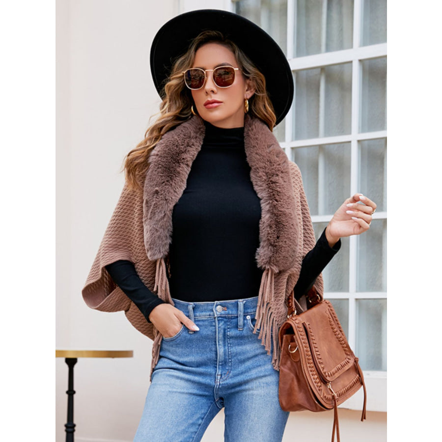 Open Front Fringe Hem Poncho Khaki / One Size