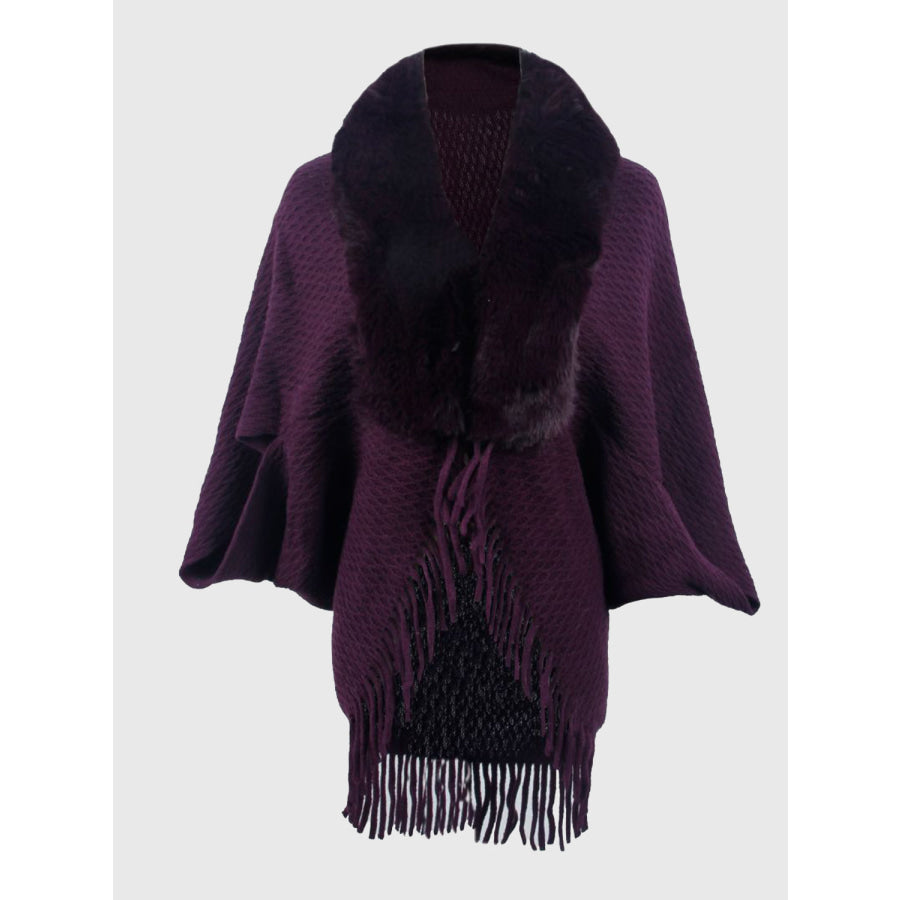 Open Front Fringe Hem Poncho Plum / One Size