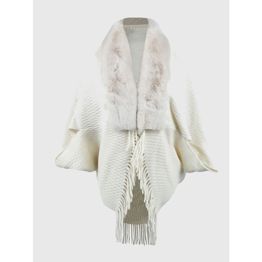 Open Front Fringe Hem Poncho White / One Size