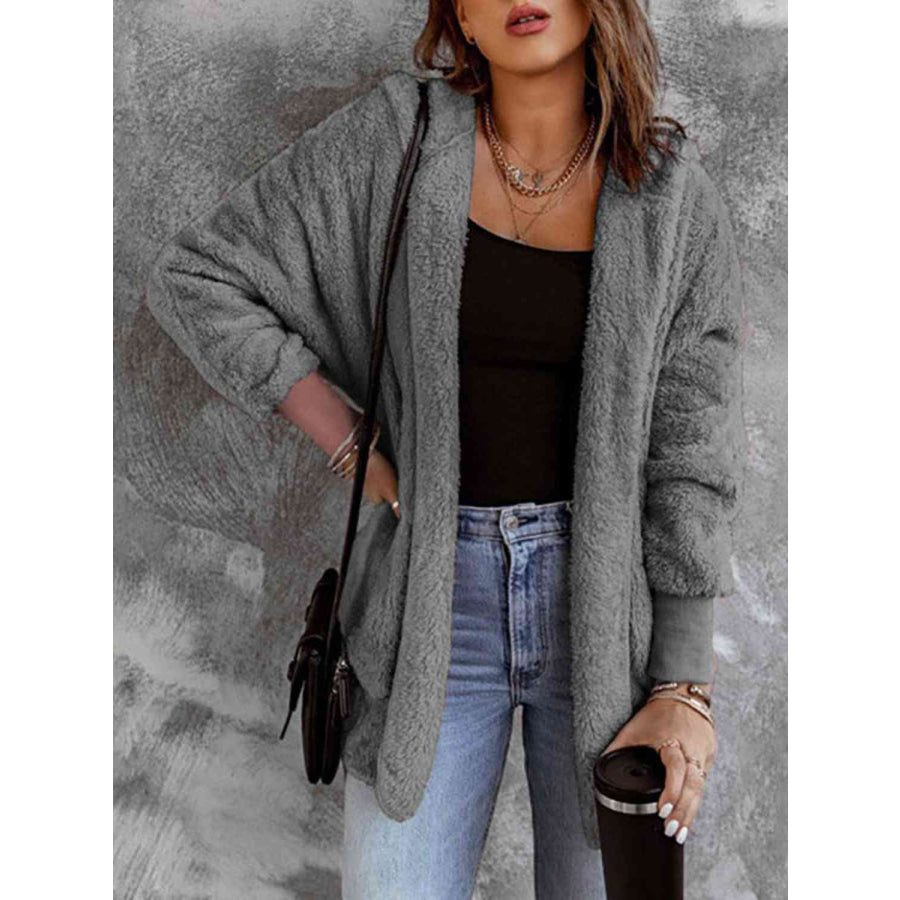Open Front Hooded Faux Fur Outwear with Pockets Charcoal / S