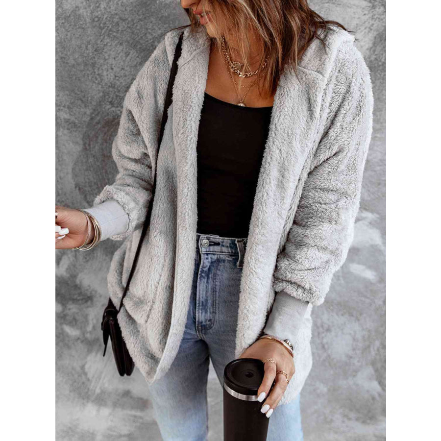 Open Front Hooded Faux Fur Outwear with Pockets