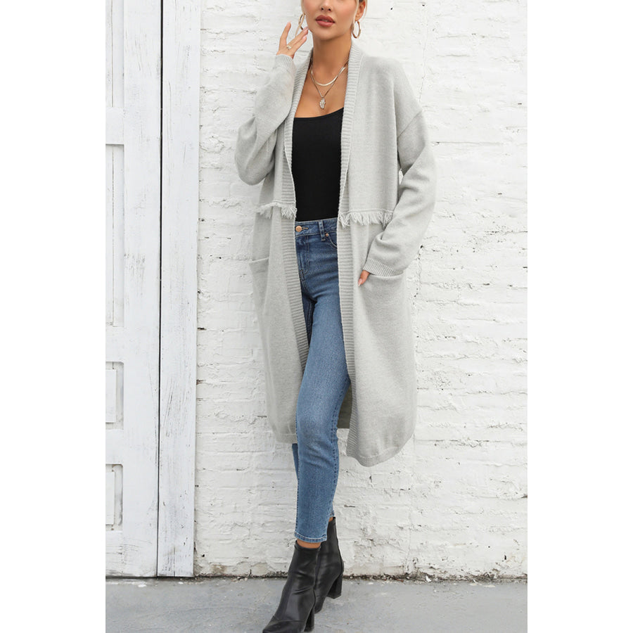 Open Front Pocketed Cardigan Light Gray / S
