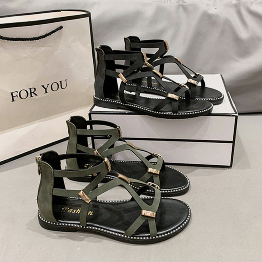 Open Toe Back Zipper Flat Sandals Apparel and Accessories