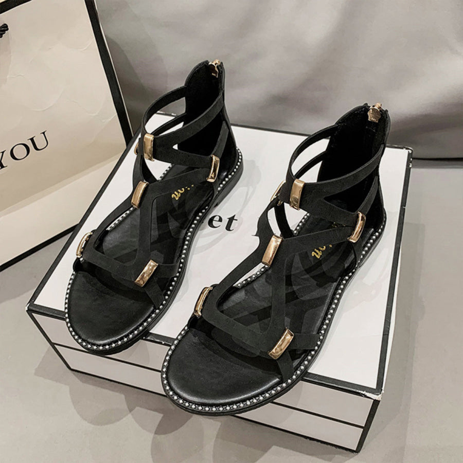 Open Toe Back Zipper Flat Sandals Black / 35(US4) Apparel and Accessories