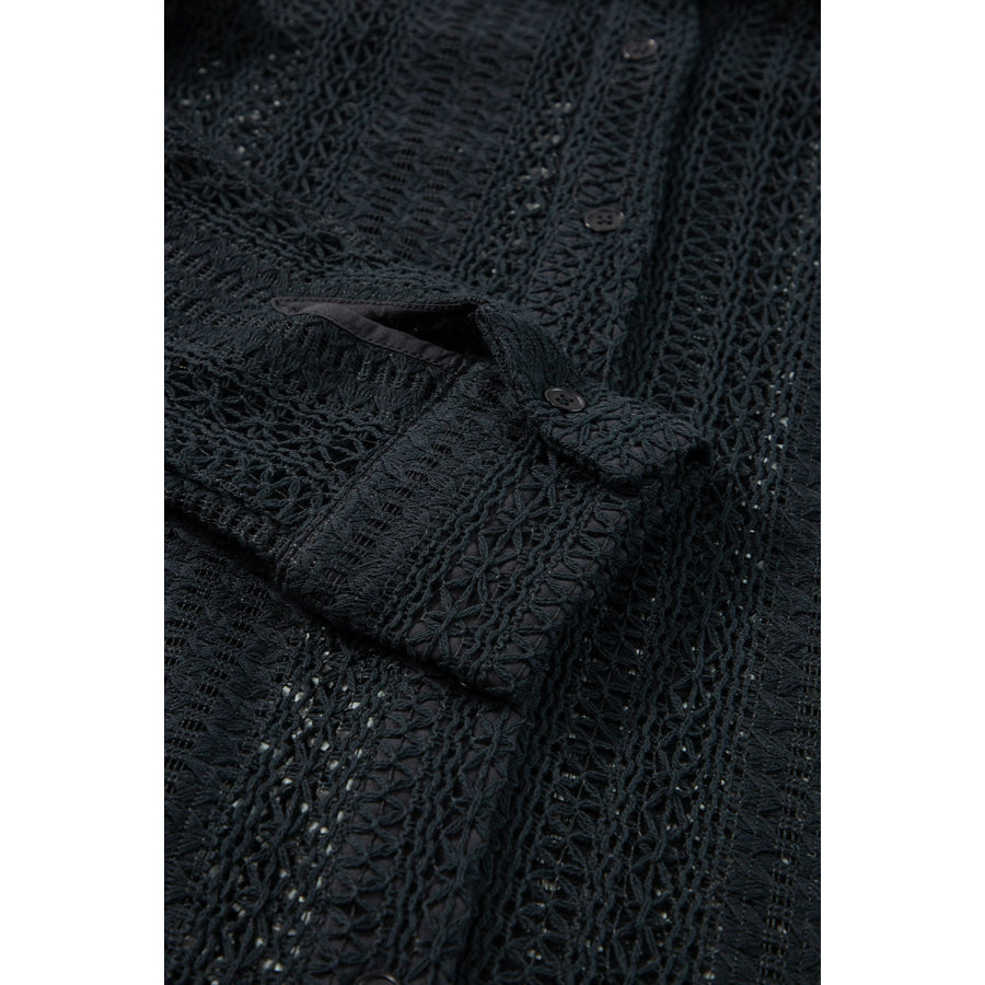 Openwork Collared Neck Long Sleeve Shirt Apparel and Accessories