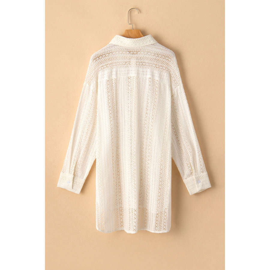 Openwork Collared Neck Long Sleeve Shirt Apparel and Accessories