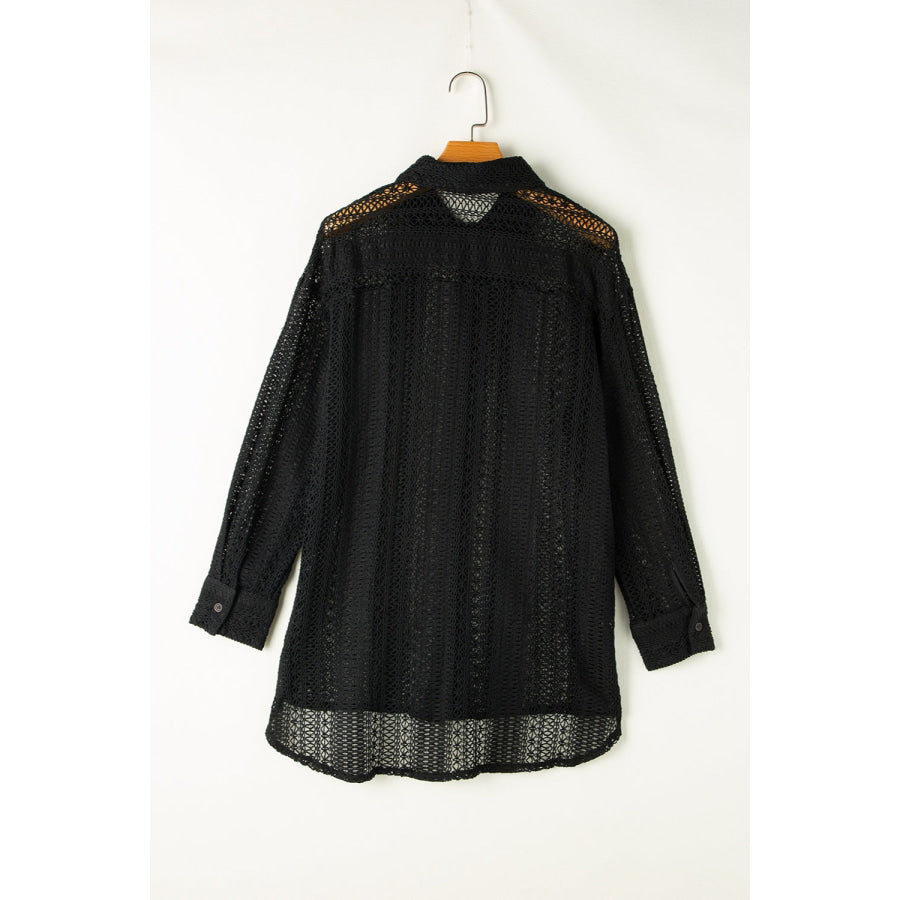 Openwork Collared Neck Long Sleeve Shirt Apparel and Accessories