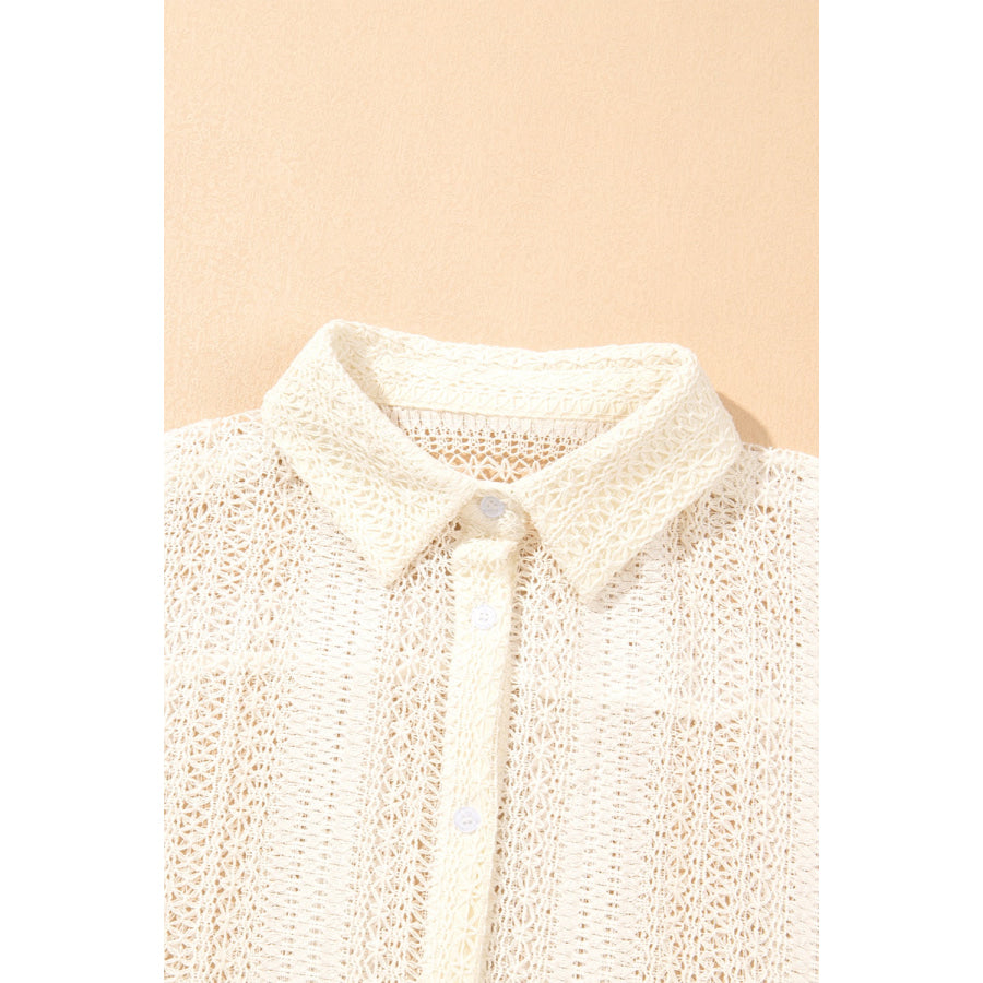 Openwork Collared Neck Long Sleeve Shirt Apparel and Accessories