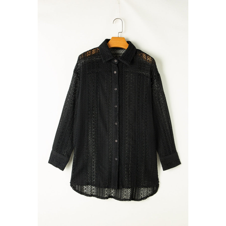 Openwork Collared Neck Long Sleeve Shirt Black / S Apparel and Accessories