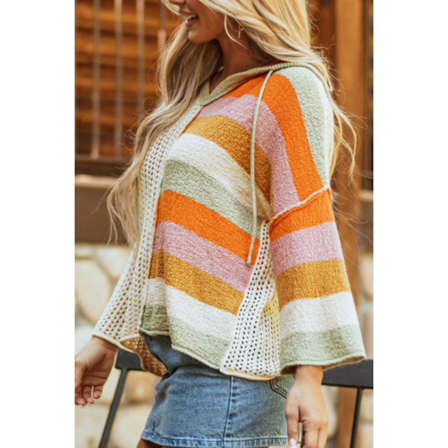 Openwork Color Block Hooded Sweater Apparel and Accessories