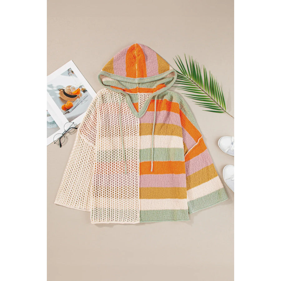 Openwork Color Block Hooded Sweater Apparel and Accessories
