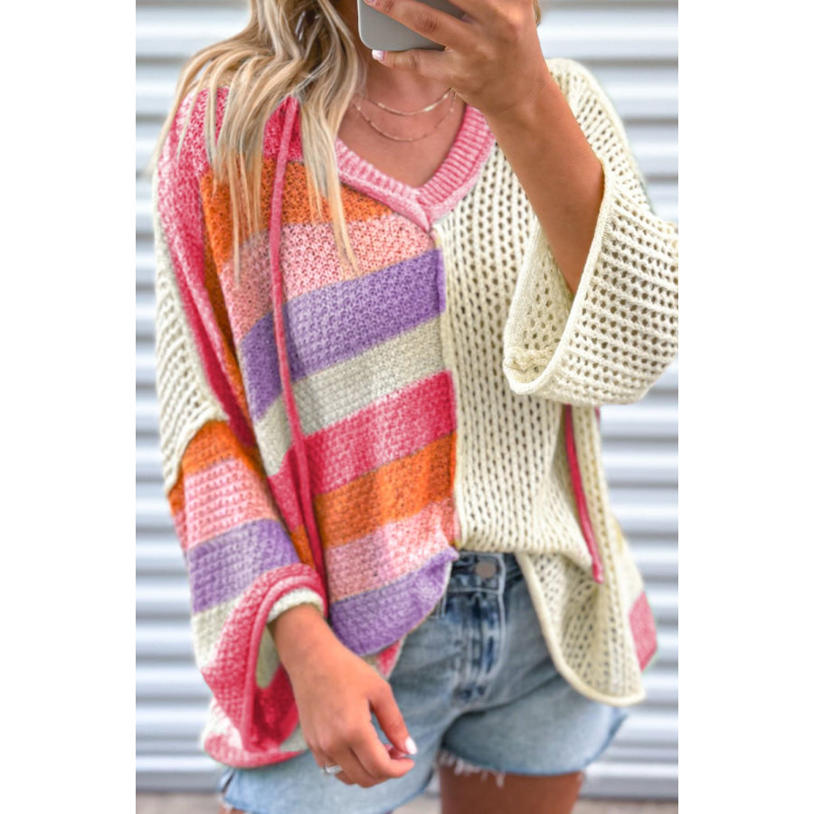 Openwork Color Block Hooded Sweater Blush Pink / S Apparel and Accessories