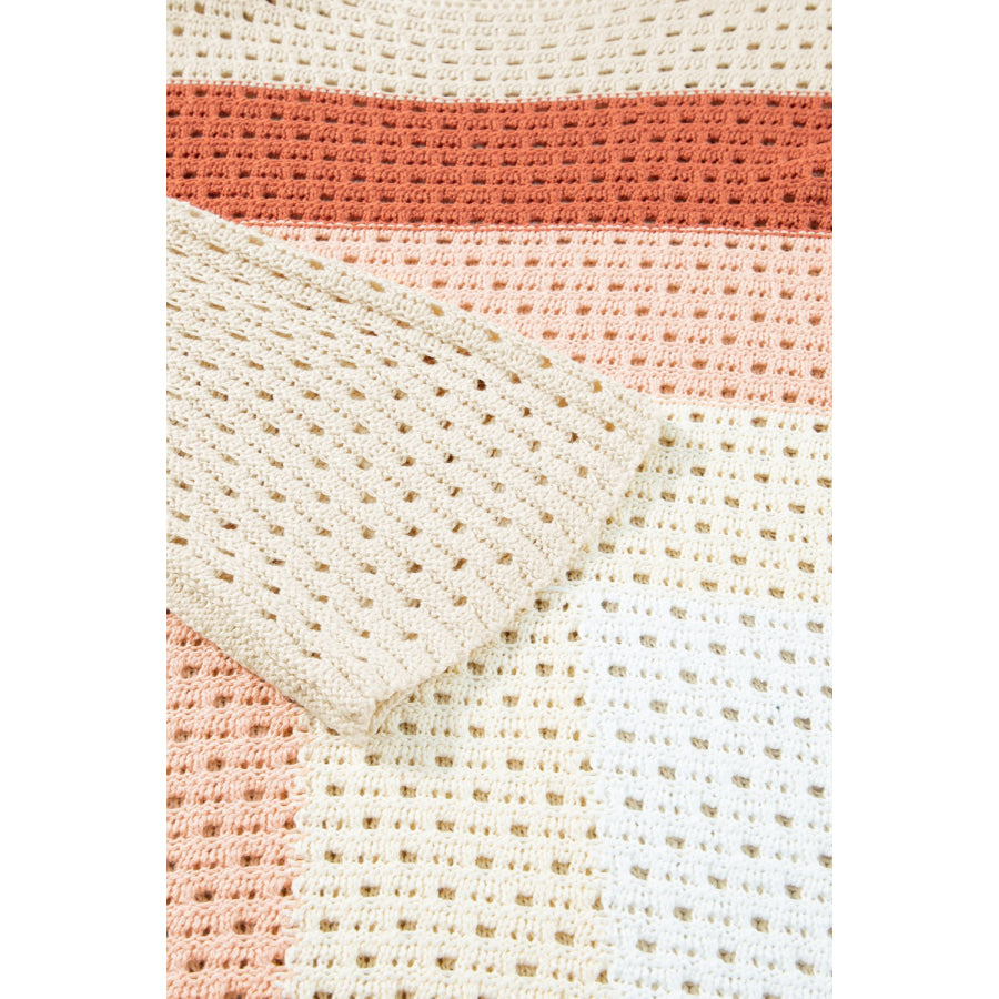 Openwork Color Block Long Sleeve Knit Top Apparel and Accessories