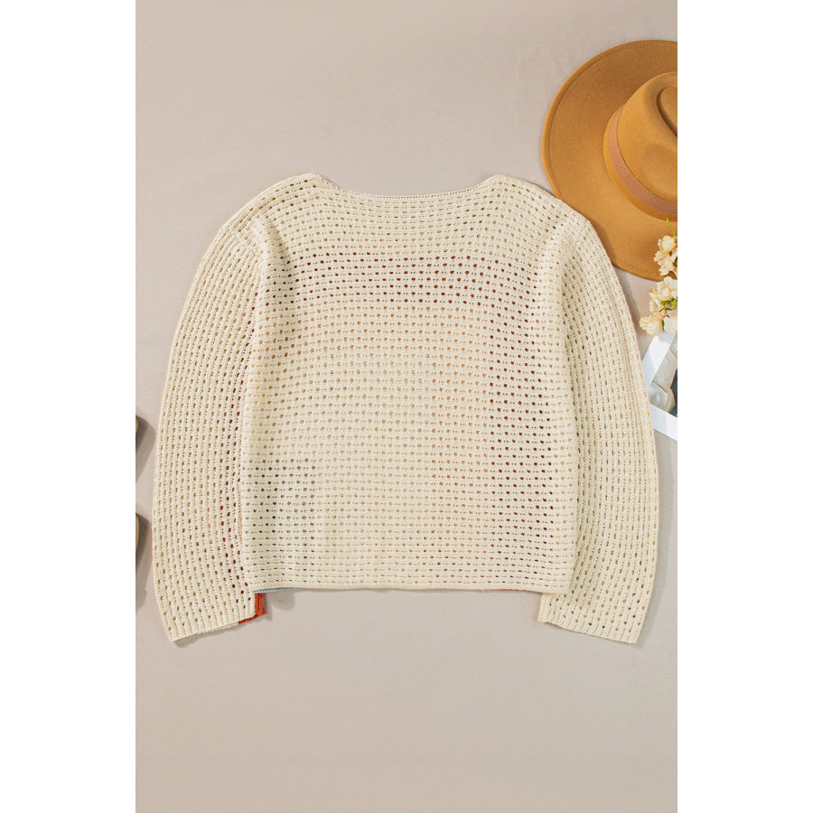 Openwork Color Block Long Sleeve Knit Top Apparel and Accessories