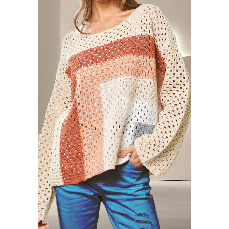 Openwork Color Block Long Sleeve Knit Top Beige / S Apparel and Accessories