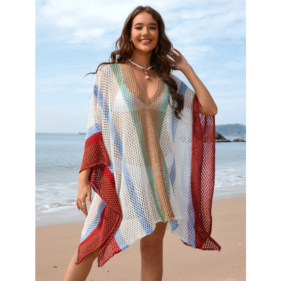 Openwork Color Block Plunge Cover - Up Apparel and Accessories