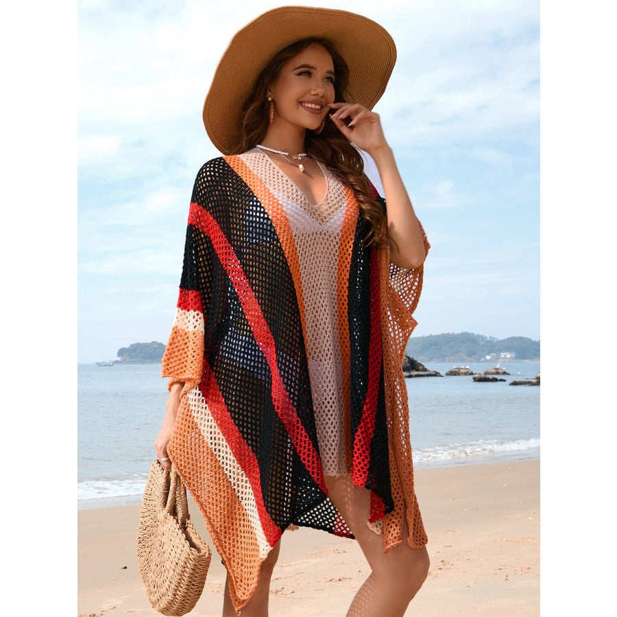 Openwork Color Block Plunge Cover - Up Apparel and Accessories