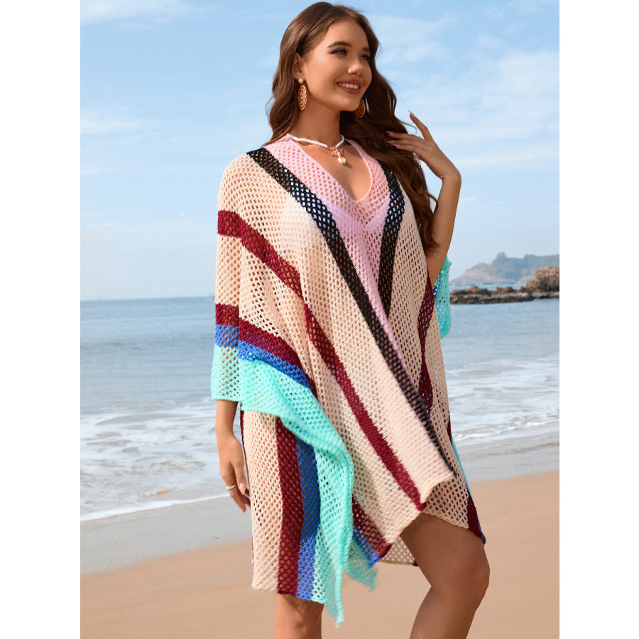 Openwork Color Block Plunge Cover - Up Apparel and Accessories