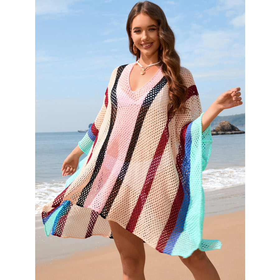 Openwork Color Block Plunge Cover - Up Tan / One Size Apparel and Accessories