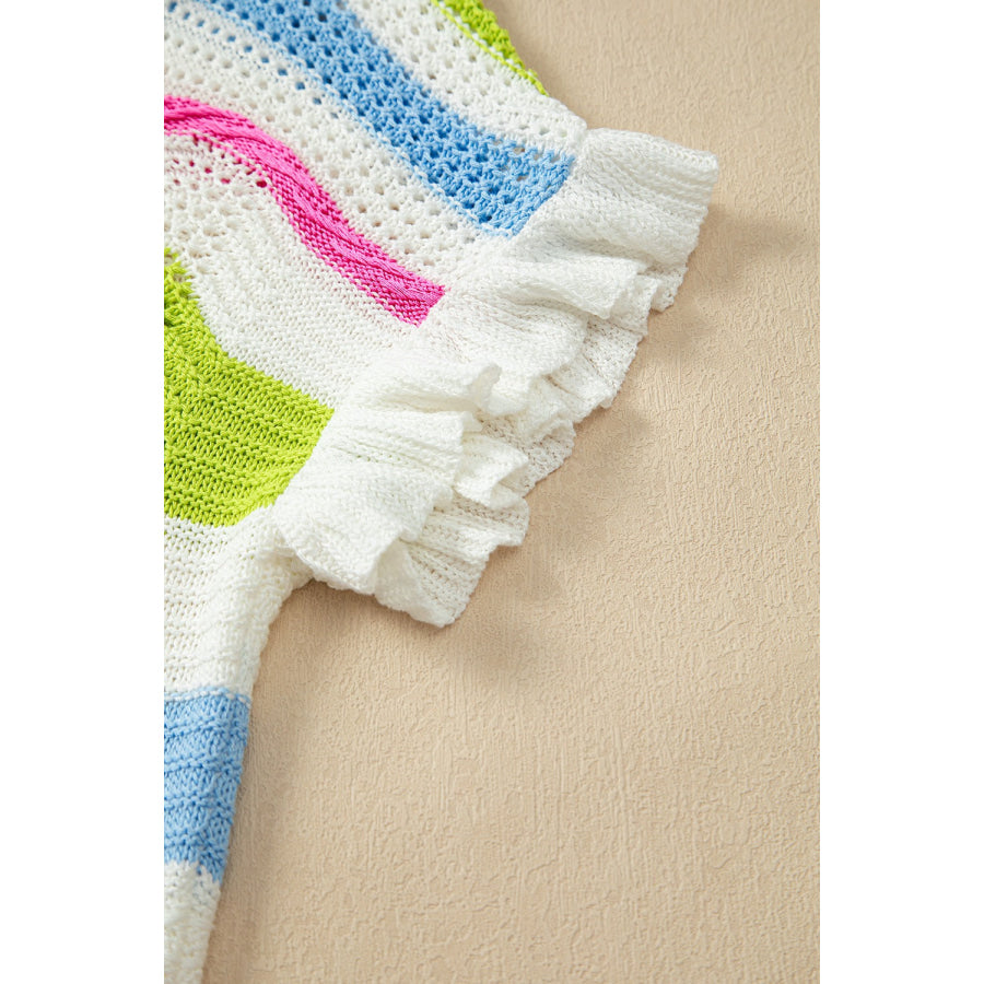 Openwork Color Block Round Neck Knit Top Apparel and Accessories