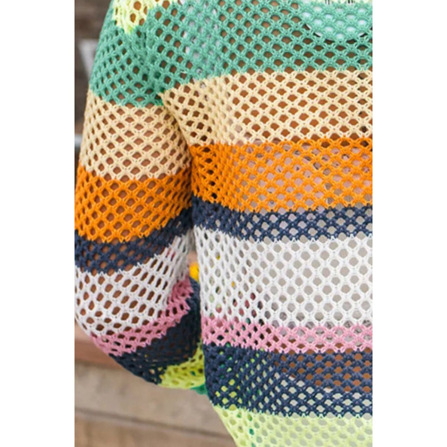 Openwork Color Block Round Neck Knit Top Apparel and Accessories