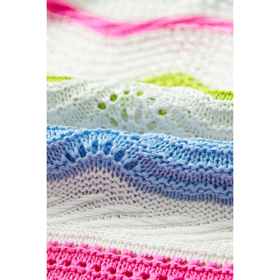 Openwork Color Block Round Neck Knit Top Apparel and Accessories