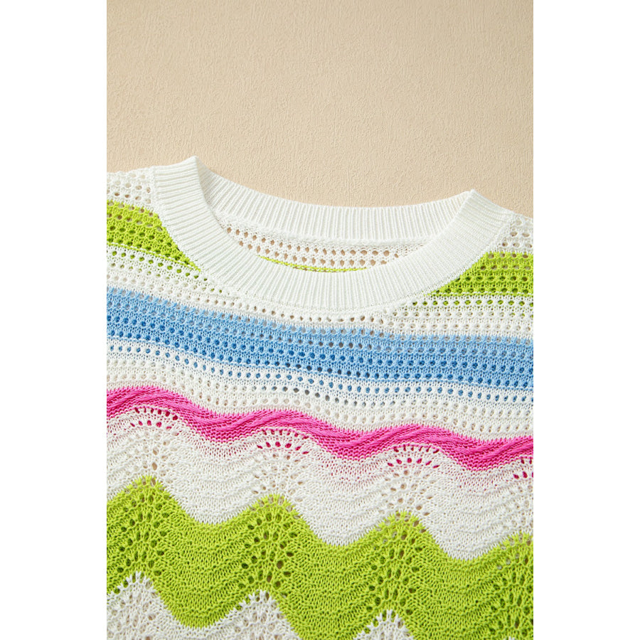 Openwork Color Block Round Neck Knit Top Apparel and Accessories