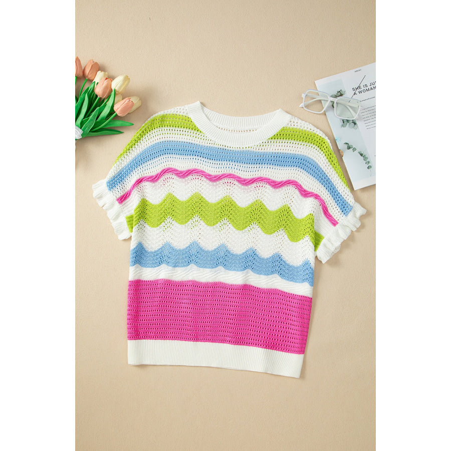 Openwork Color Block Round Neck Knit Top White / S Apparel and Accessories