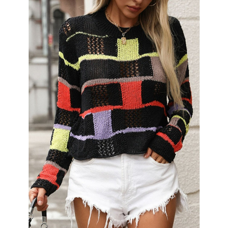 Openwork Color Block Round Neck Sweater Apparel and Accessories