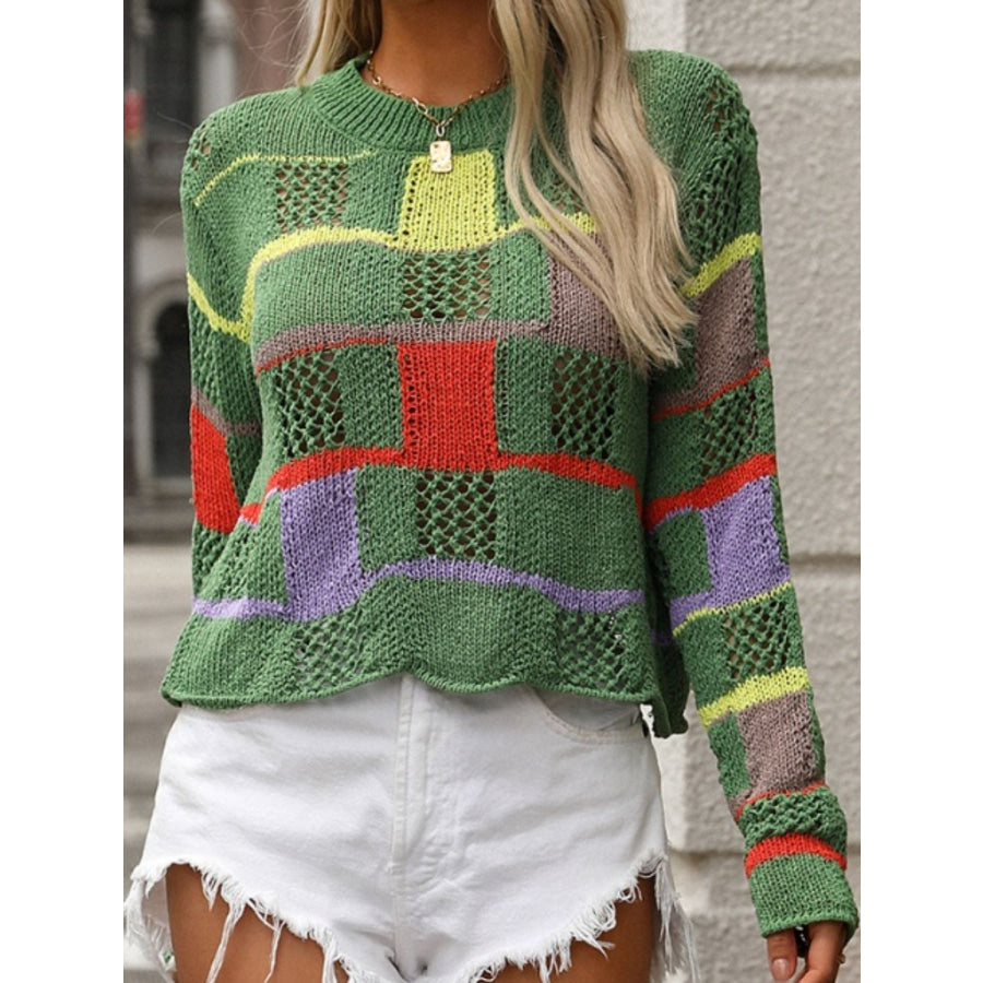 Openwork Color Block Round Neck Sweater Apparel and Accessories
