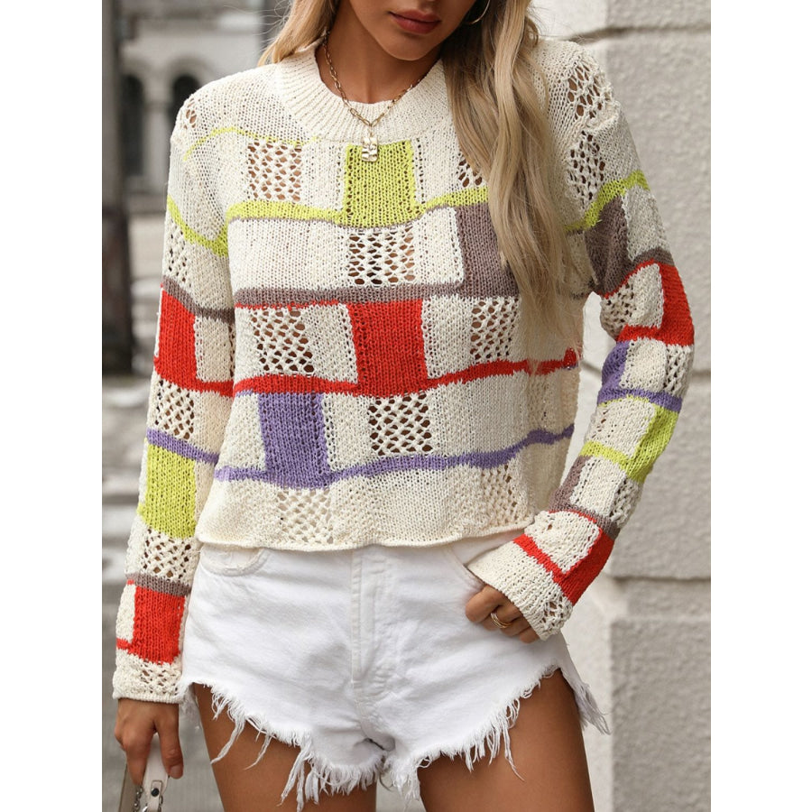 Openwork Color Block Round Neck Sweater Apparel and Accessories