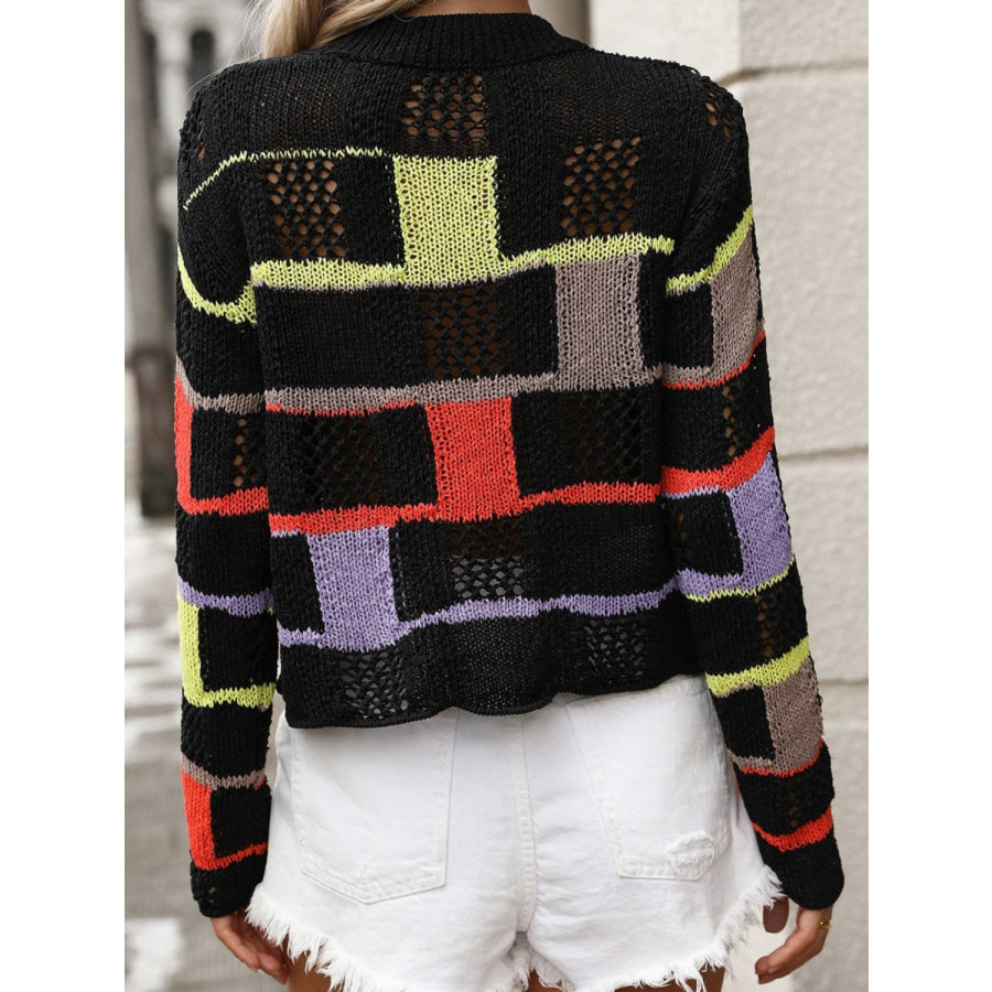 Openwork Color Block Round Neck Sweater Apparel and Accessories