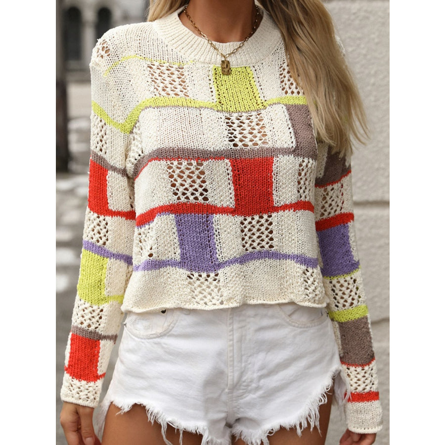 Openwork Color Block Round Neck Sweater Apricot / S Apparel and Accessories