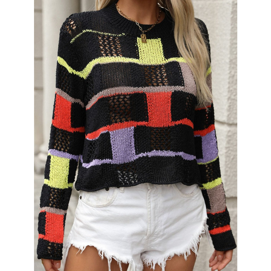 Openwork Color Block Round Neck Sweater Black / S Apparel and Accessories