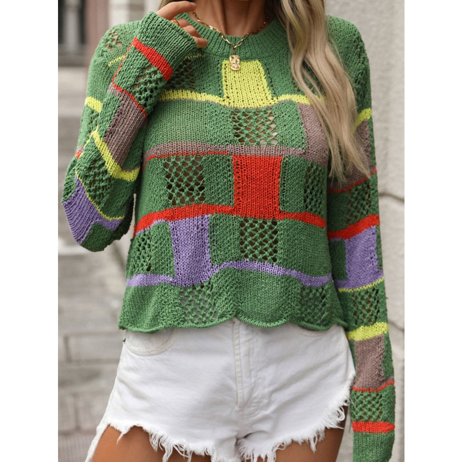 Openwork Color Block Round Neck Sweater Dark Green / S Apparel and Accessories