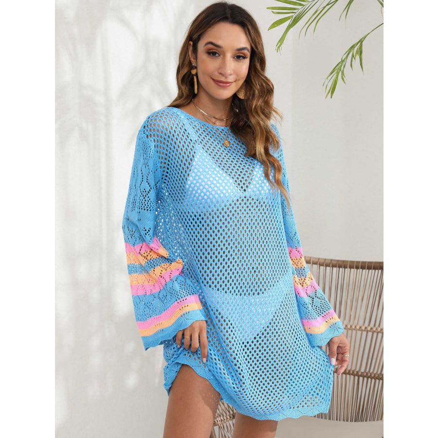 Openwork Contrast Long Sleeve Cover - Up Apparel and Accessories