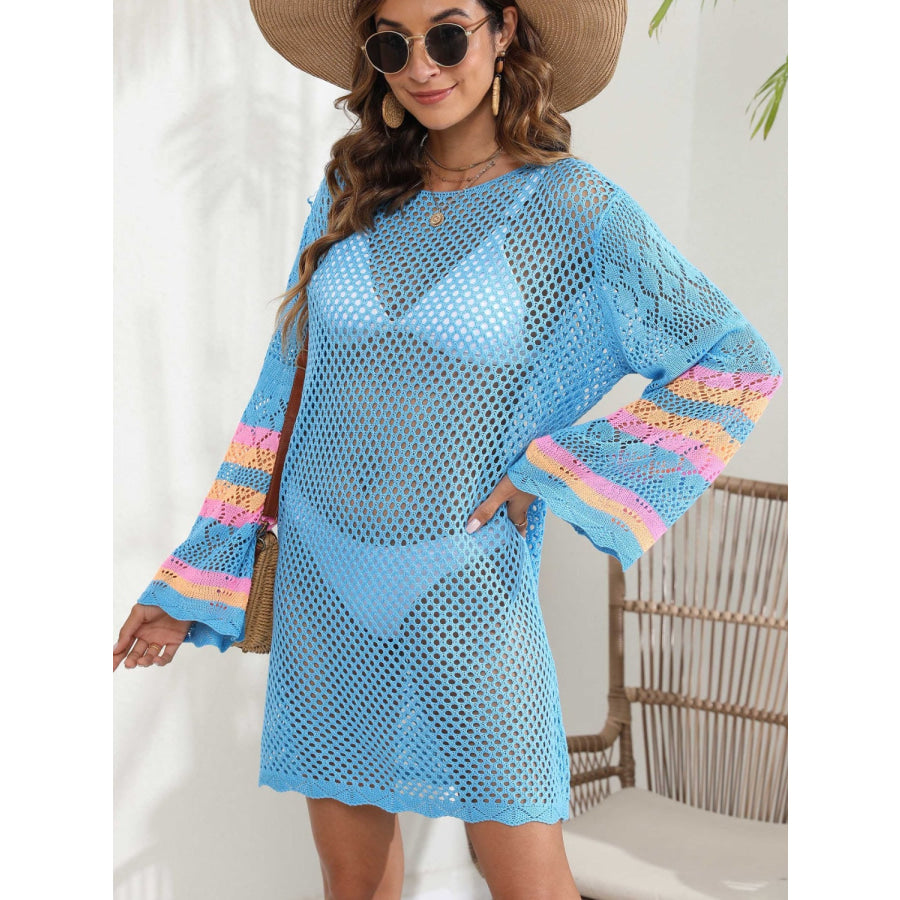 Openwork Contrast Long Sleeve Cover - Up Apparel and Accessories