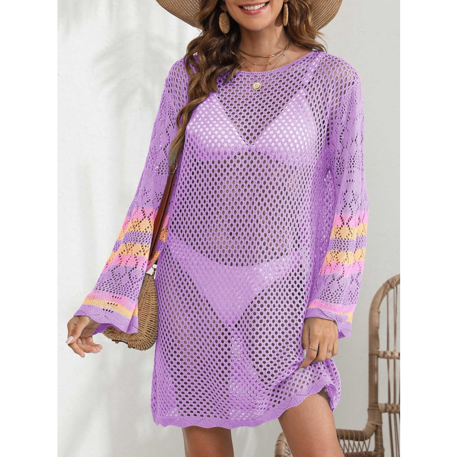 Openwork Contrast Long Sleeve Cover - Up Apparel and Accessories