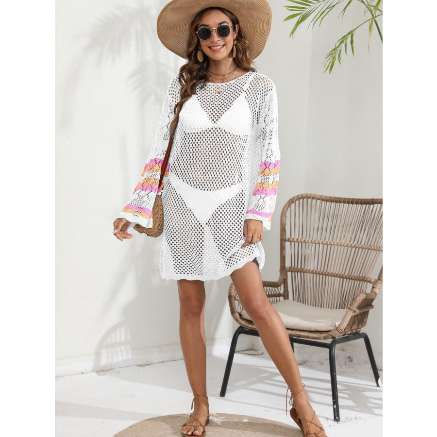 Openwork Contrast Long Sleeve Cover - Up Apparel and Accessories