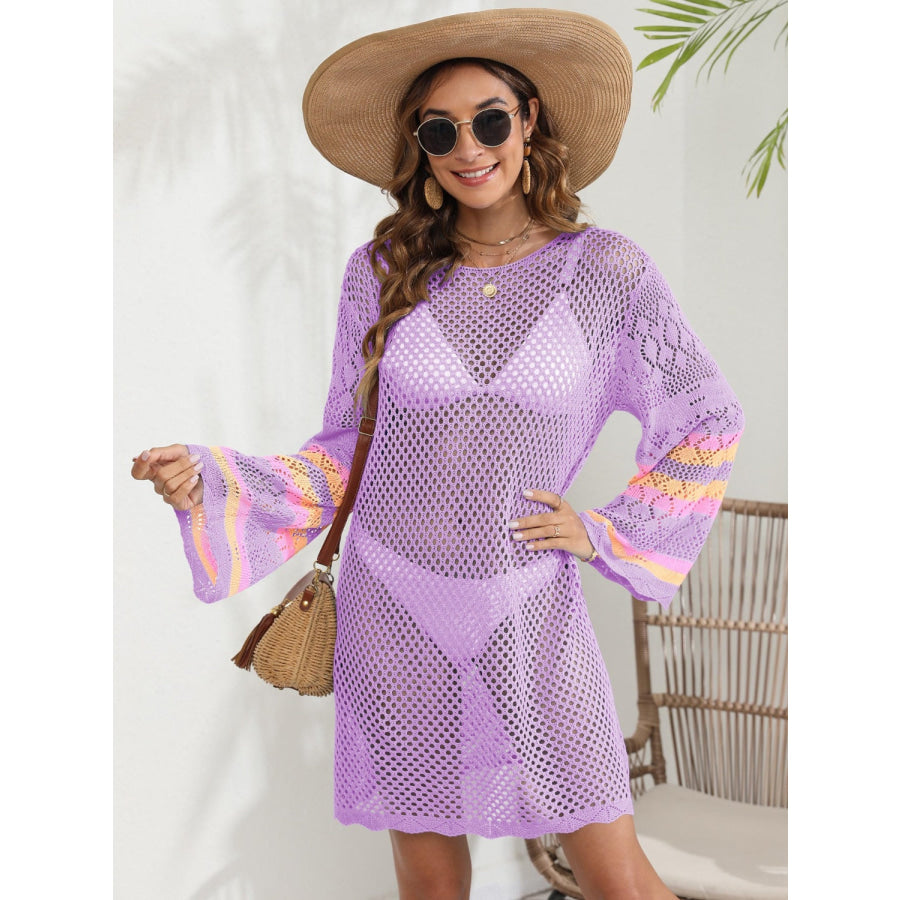 Openwork Contrast Long Sleeve Cover - Up Apparel and Accessories