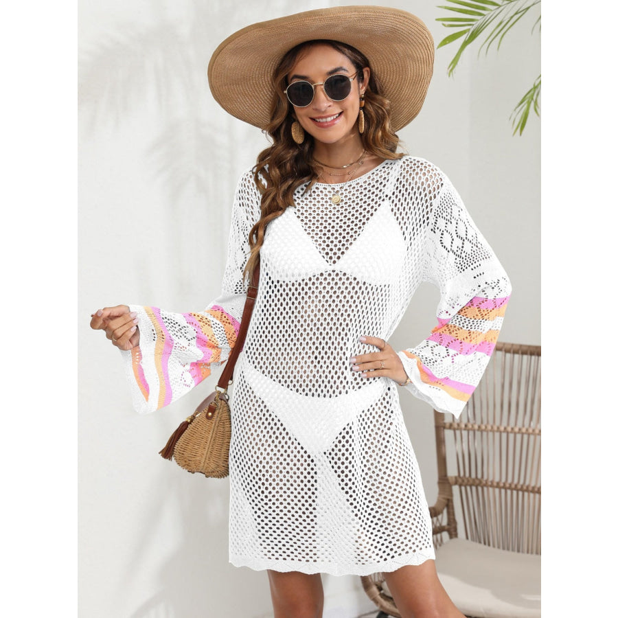 Openwork Contrast Long Sleeve Cover - Up Apparel and Accessories