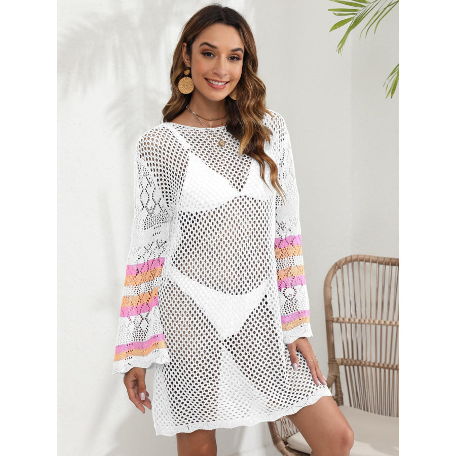 Openwork Contrast Long Sleeve Cover - Up Apparel and Accessories