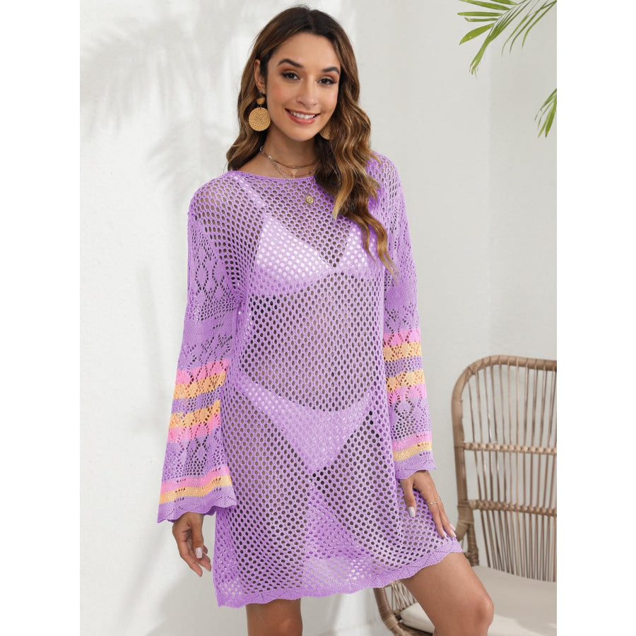 Openwork Contrast Long Sleeve Cover - Up Heliotrope Purple / One Size Apparel and Accessories