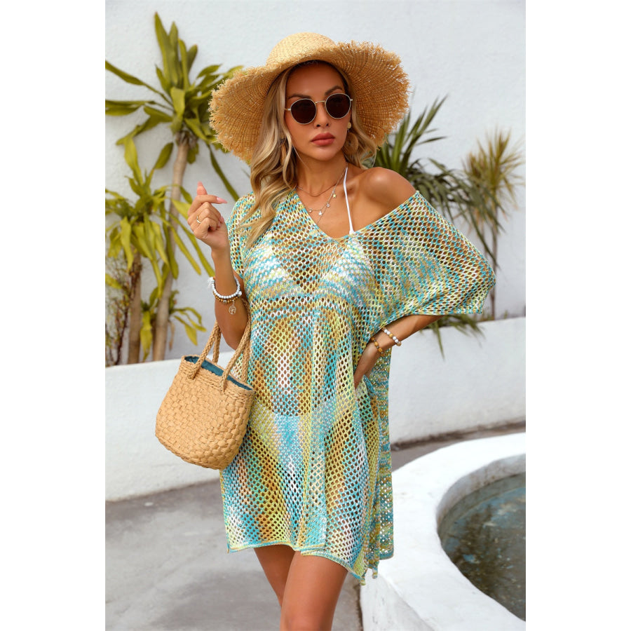 Openwork Contrast Short Sleeve Cover-Up Apparel and Accessories