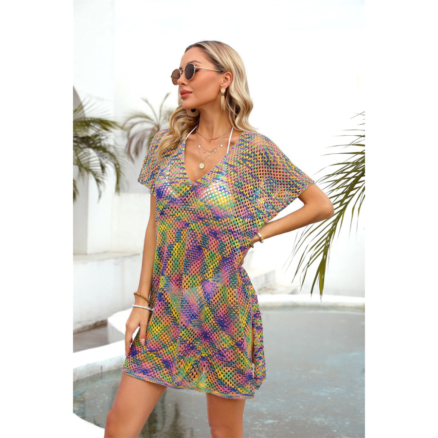 Openwork Contrast Short Sleeve Cover-Up Apparel and Accessories