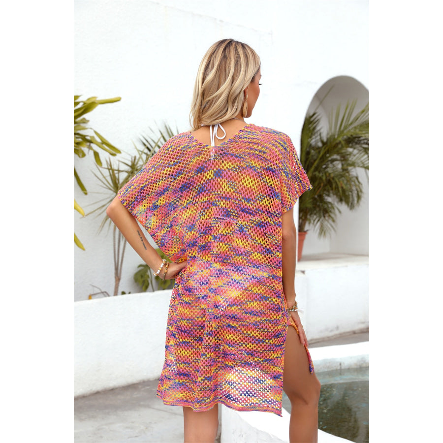 Openwork Contrast Short Sleeve Cover-Up Apparel and Accessories