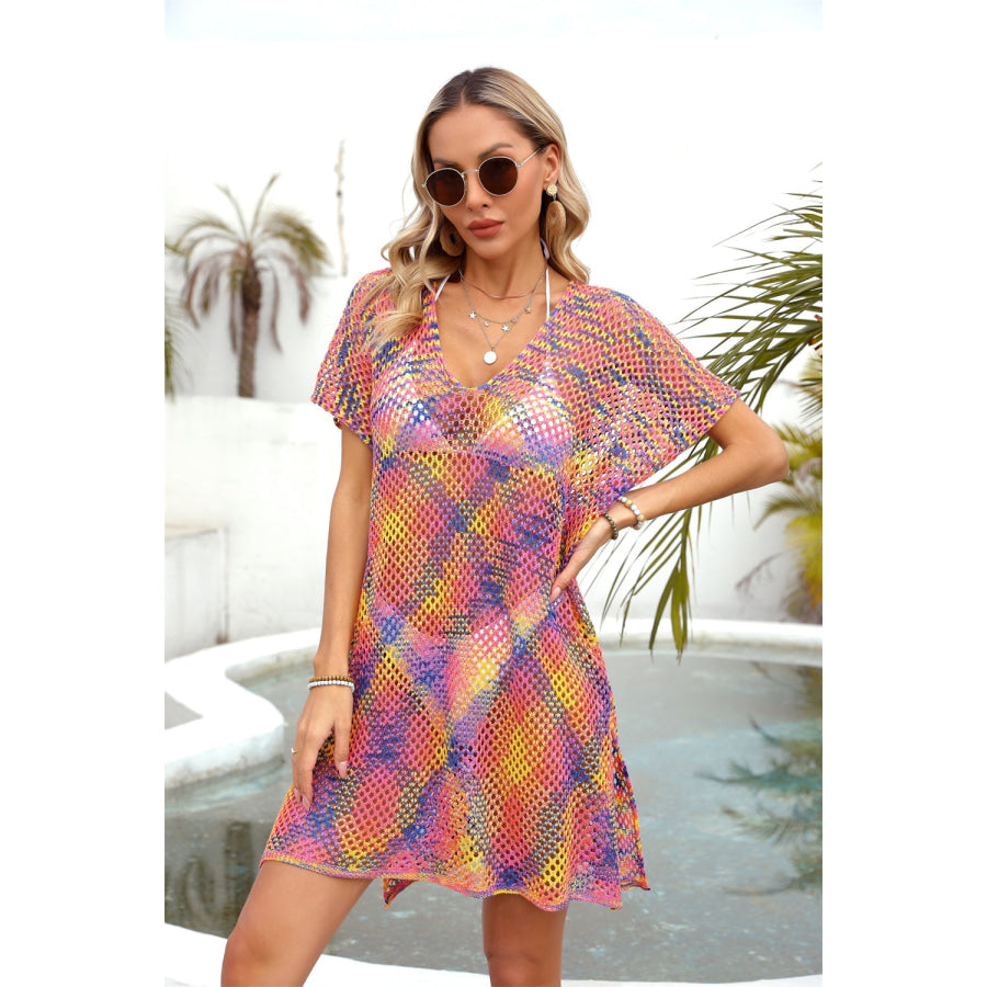 Openwork Contrast Short Sleeve Cover-Up Red Orange / One Size Apparel and Accessories